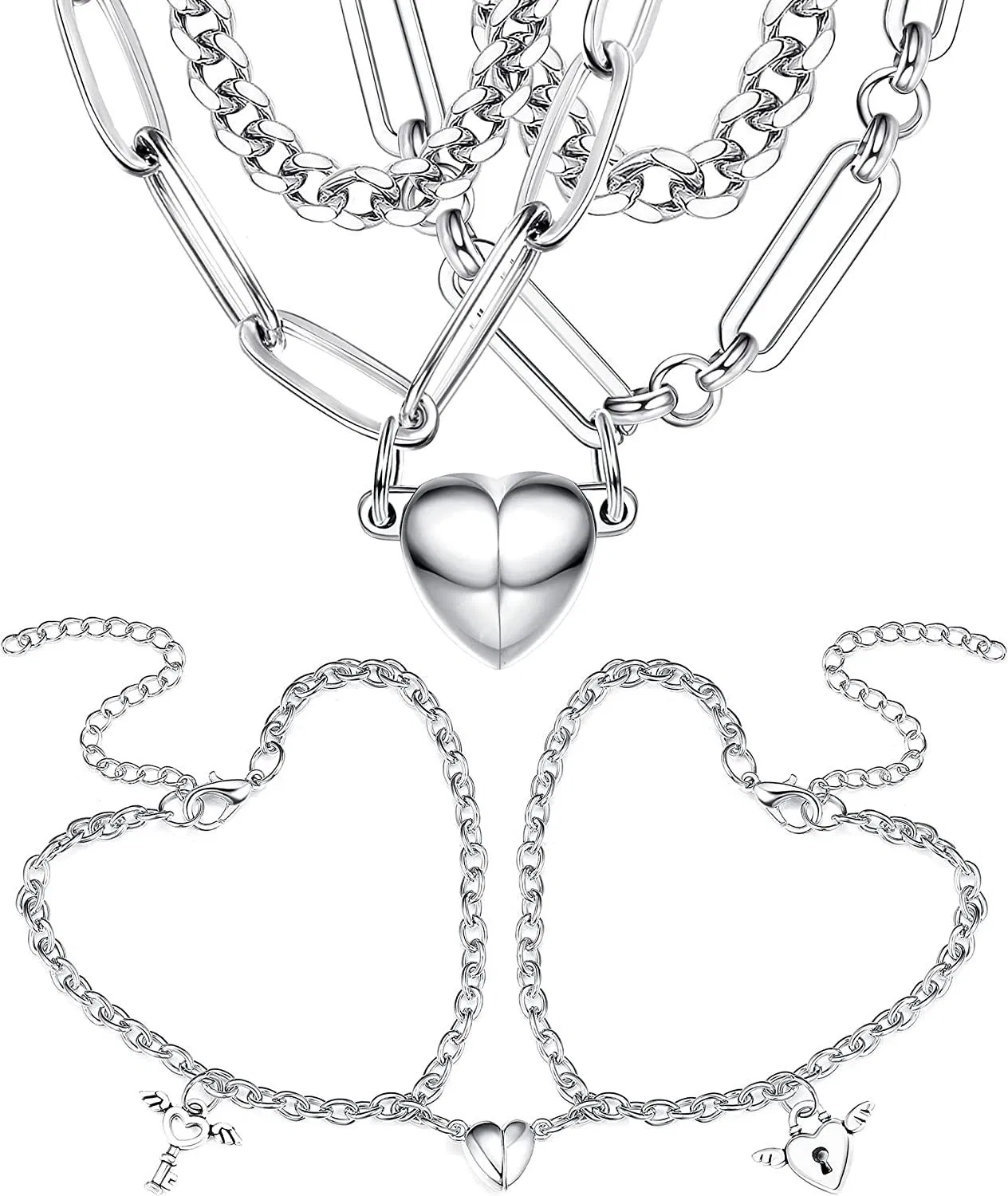 4pcs Magnetic Couple Armband Kette Set BFF Matching Armbänder Kette für Paare Edelstahl Kubanische Kette Halbherz Kette Paare Armbänder für Freund und Freundin