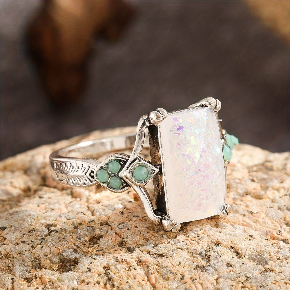 1pc Neuer Quadrat Weiß Opal Antike Silberring