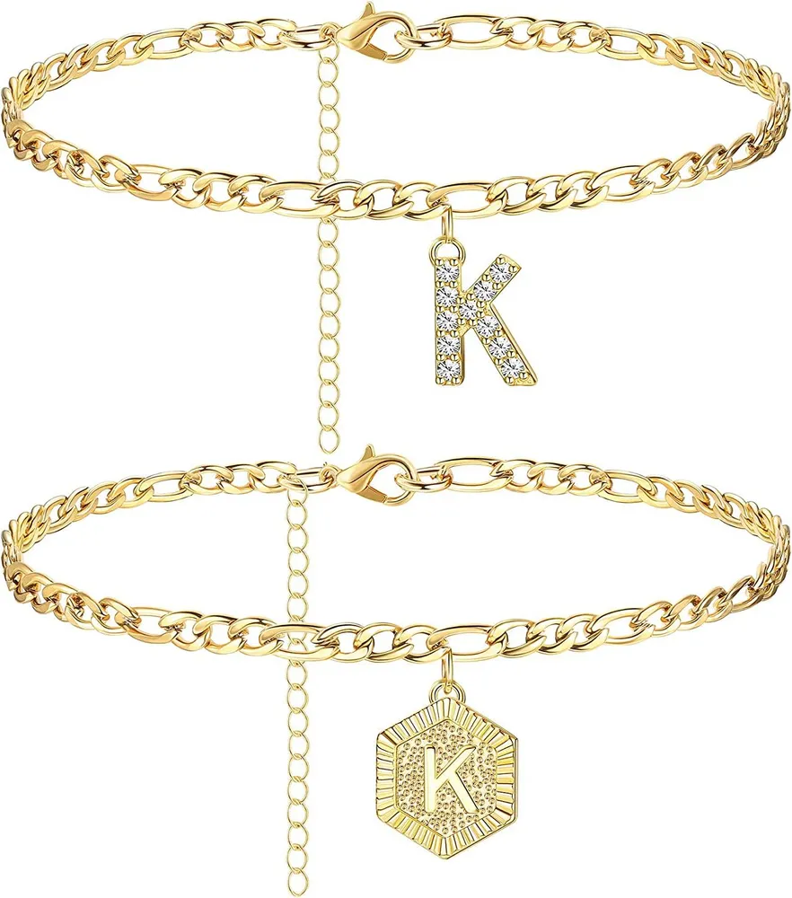 Anfängliche Knöchel-Armbänder für Frauen; Edelstahl-Schicht Figaro-Kettenbrief Anfängliche Knöchel-Armbänder mit Buchstaben-Alphabet für Frauen Mädchen (2Pcs)