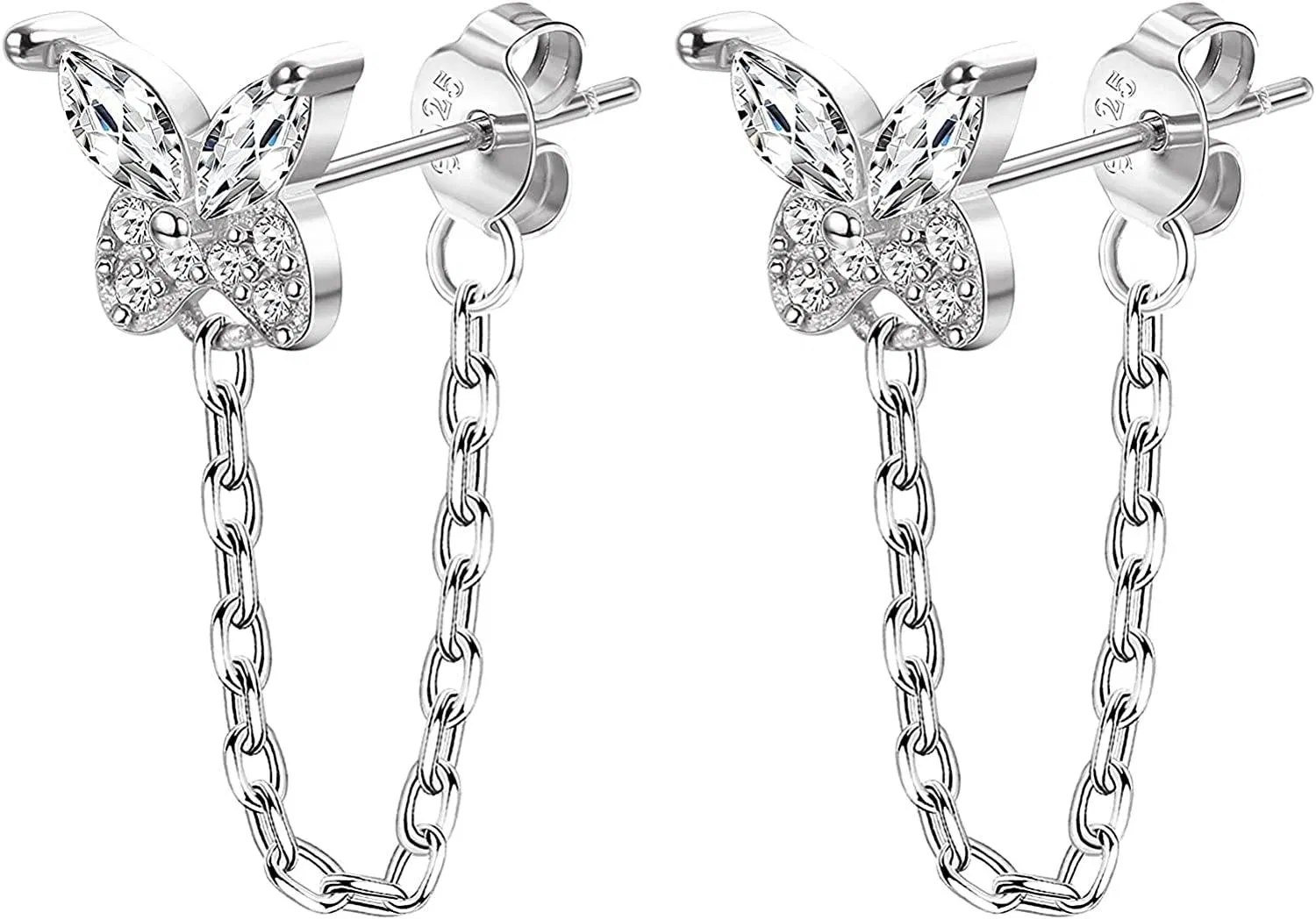 9ct Gold 925 Sterling Silber Stud Ohrringe Bar Schmetterlingsherz Mondblume Cz Blitz Kette Stud Ohrringe Drop Dangle kleine Kette Stud Ohrringe für Frauen Mädchen