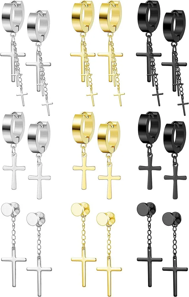 9 Paare Edelstahl Kreuz Ohrringe für Männer Frauen Hinge Hoop Dangle Kreuz Ohrringe koreanischer Stil-Ton Gold-Ton Schwarz-Ton