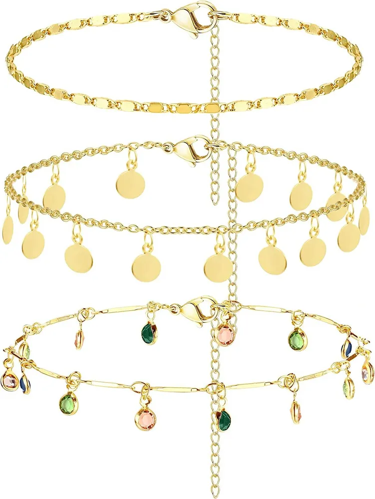 3Pcs Gold Ankleß Armbänder für Frauen Figaro / Kubaner / Mariner Kette flache Ankleß für Frauen einstellbar süßer Sommer Strand Fuß Charme einstellbarer Größe Schmuck