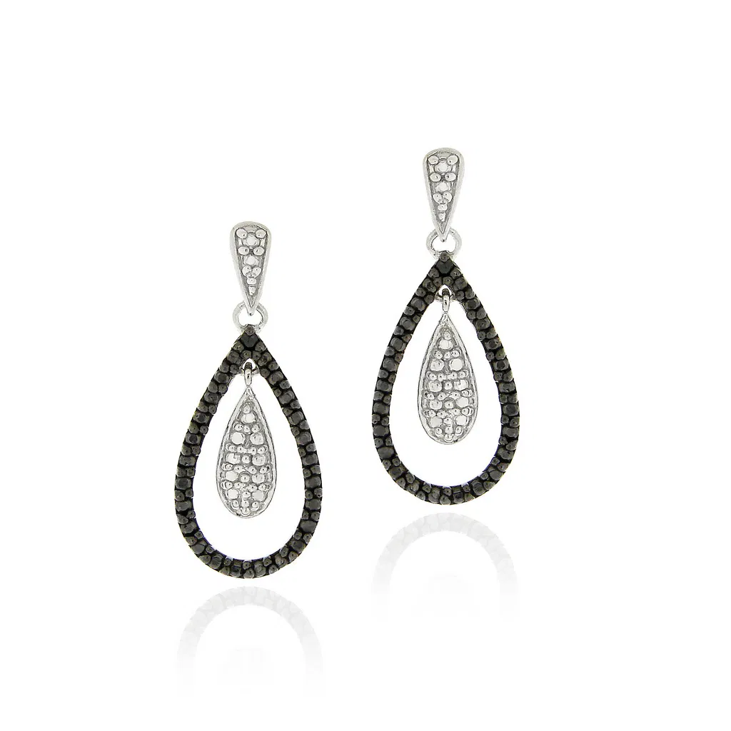 Sterling Silver Black Diamond Accent Double Teardrop Dangle Ohrringe