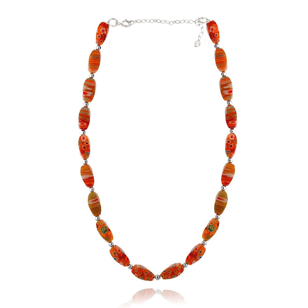Sterling Silber Rot Millifiori Murano Glas Twisted Oval Perlen Halskette