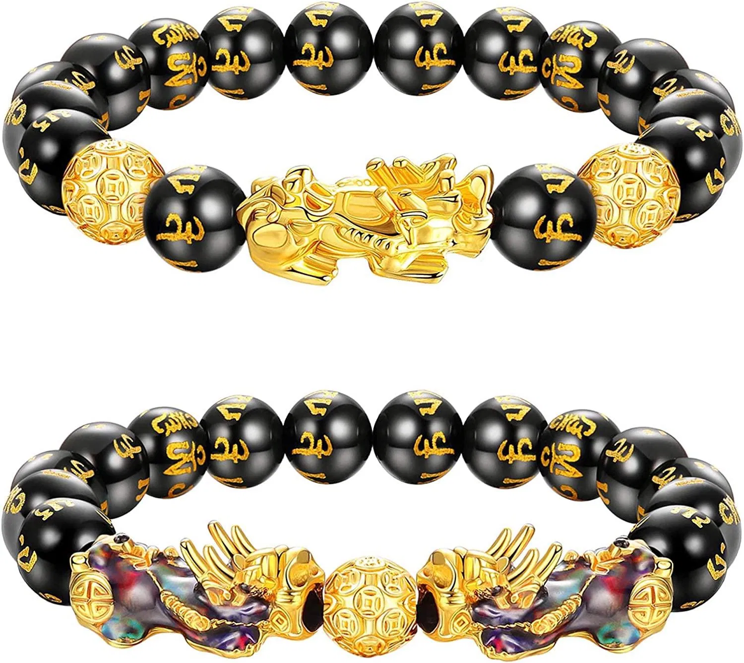 Feng Shui Obsidian Reichtum Armband für Männer und Frauen; Gutes Lucky Pi Xiu Armband mit handgeschnitzter Mantra; Perlen Armband verstellbar