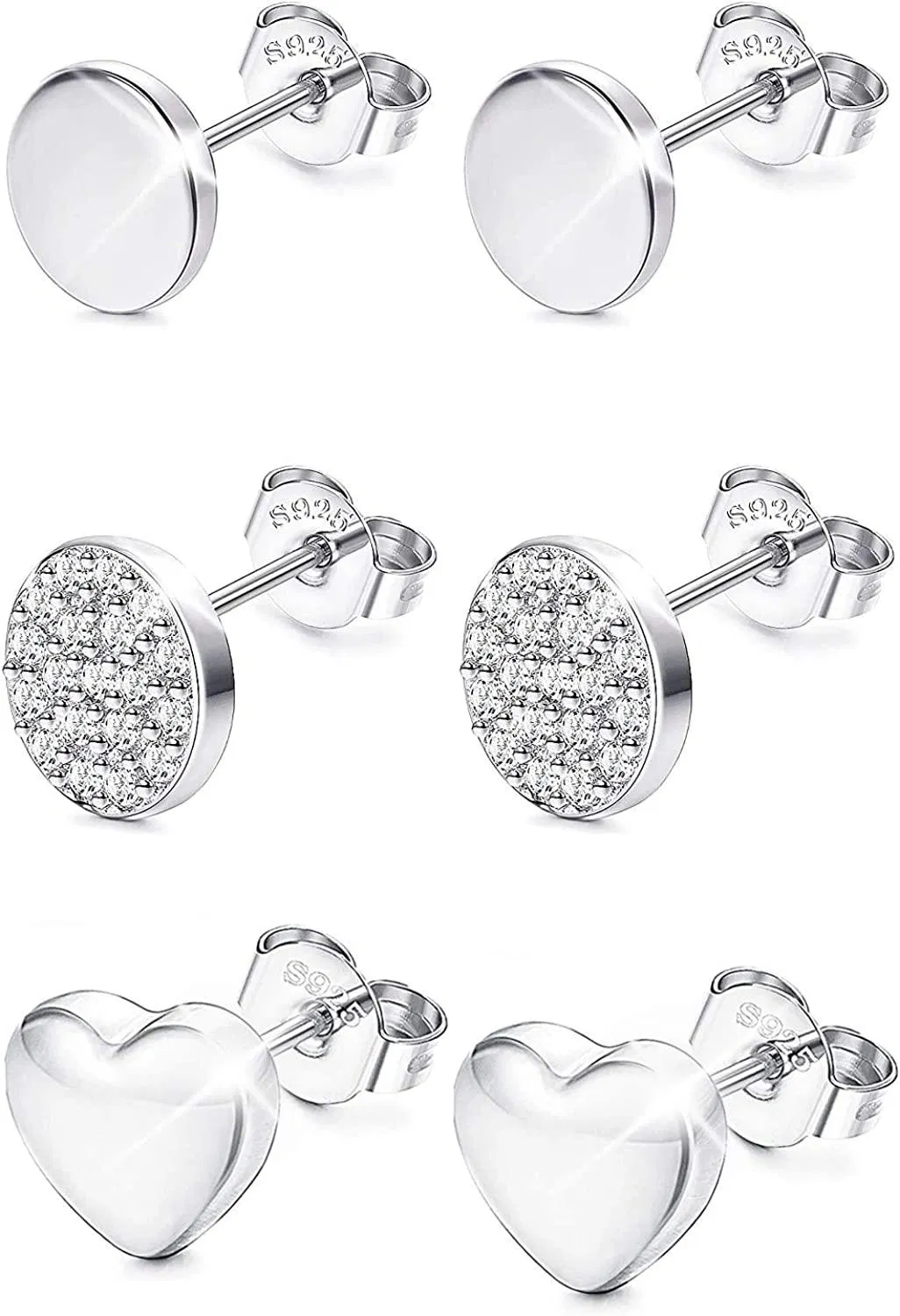 925 Sterling Silber Round Stud Ohrringe für Frauen Mädchen Herz Plain Stud Ohrringe Set von 3 Paaren Ohrringe Cubic Zirkonia Ohrringe Hypoallergenen Ohrringe