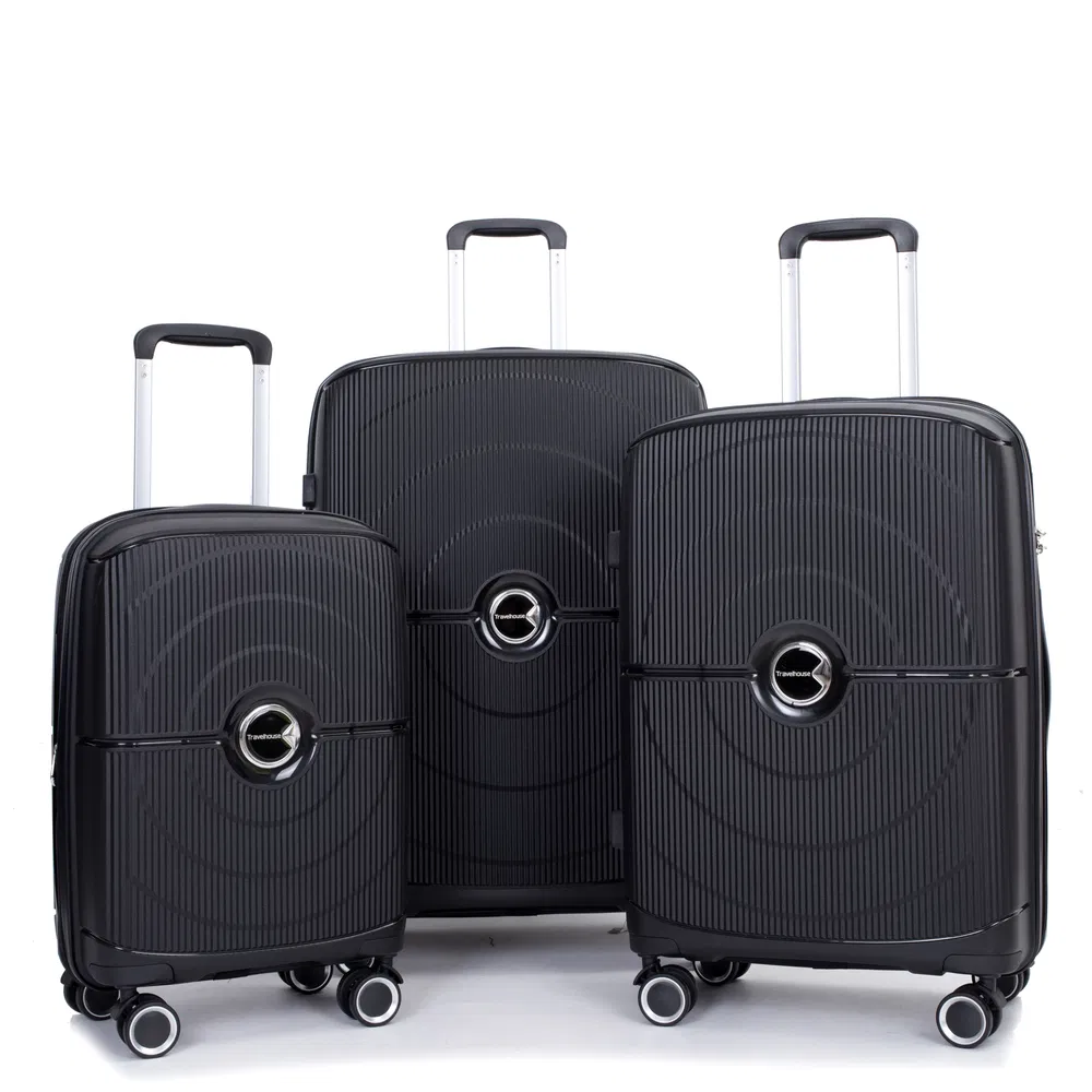 Erweiterbarer Hardshell Koffer Doppelspinner-Räder PP Gepäckset Leichtgewicht Langlebiger Koffer mit TSA-Lock, 3 - teilige Set (20 / 24 / 28), Black