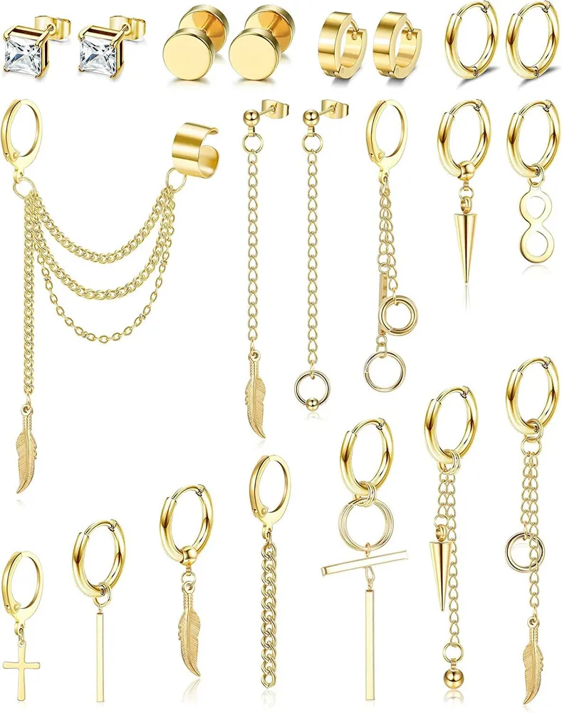 21PCS Hoop Ohrringe für Männer Frauen Edelstahl Kreuz Feder Dangle Ohrringe Cool Chain Kpop Ohrringe