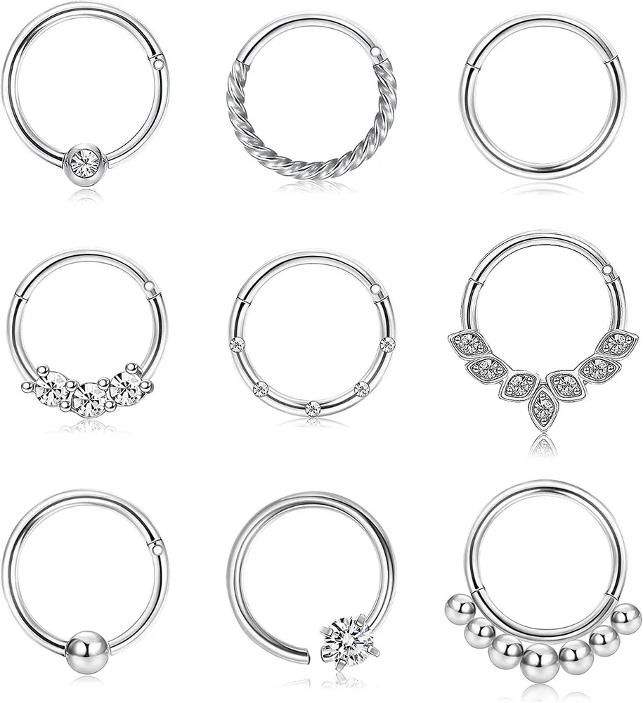 9Pcs 16G Septum Nasenringe Knorpel Ohrringe Schleife Edelstahl CZ Hinge Clicker Ringe Helix Daith Conch Tragus Nasen Piercing für Frauen Männer