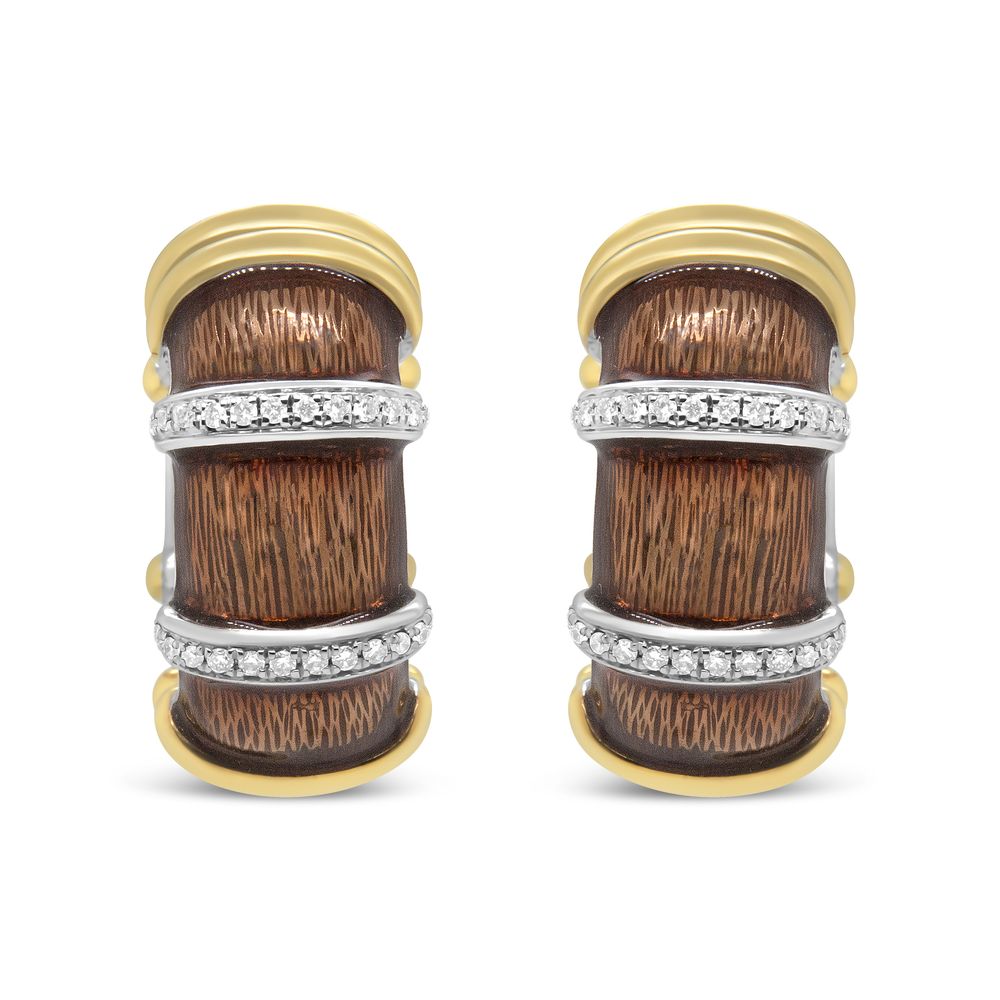 18K Gelb und Weißgold Flash Plated .925 Sterling Silber Clear Brown Enamel 9 / 10 Cttw Round Diamonds Huggie Hoop Ohrringe (F-G - Farbe, VS1 - VS2 Klarheit)