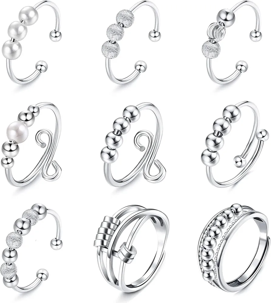9pcs Fidget Ringe Angst Spinner Ringe Angst Daumen Ringe für Frauen Einstellbare rotierende Ringe Rotatable Mood Ringe beruhigende Sorge Meditationsringe für Frauen Ladies Girls Linderten Stress