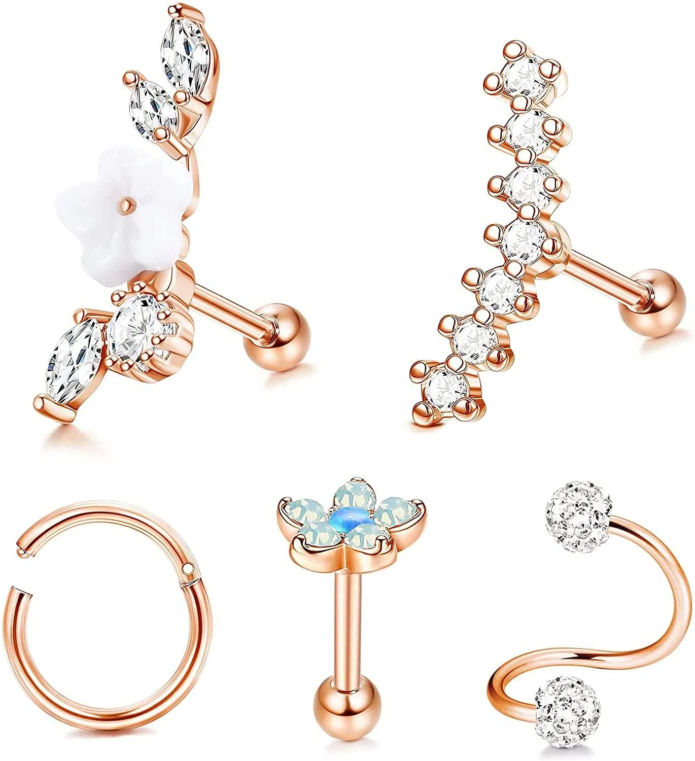Edelstahl Knorpel Ohrringe Hoop für Frauen Mädchen Helix Piercing Tiny Stud Ohrringe Set Tragus Nasen Lippen Kreis Blumen Muschel Schraube Ohrringe CZ Barbell Ohrknorpel Piercing für Frauen 16G