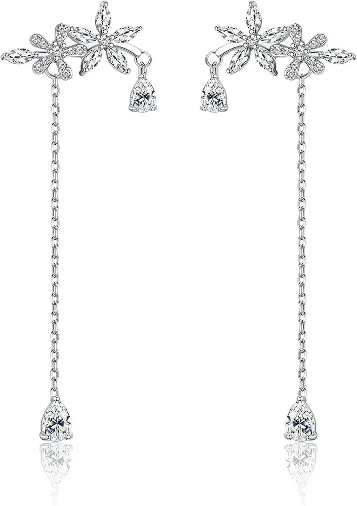 925 Sterling Silber Hanging Ohrringe für Frauen CZ Flower Cuff Ohr Crawler Ohrringe Kpop Ohrringe