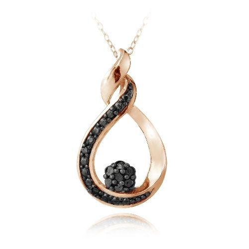 18 Karat Rose Gold über Silber 1 / 10 Karat Schwarzer Diamant Twisted Teardrop & Flower Halskette