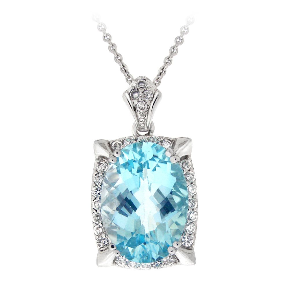 Rhodium Plated 7.75ct Blau Topaz & CZ Oval Halskette