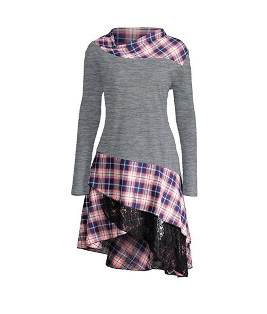 Mode Damen Frühjahr / Herbst Deckel Hals Plaid Panel Unregelmäßige Spitze Hem Long Blouse Tops Damen Plus Size Casual Patchwork Baumwoll Tunik Blause