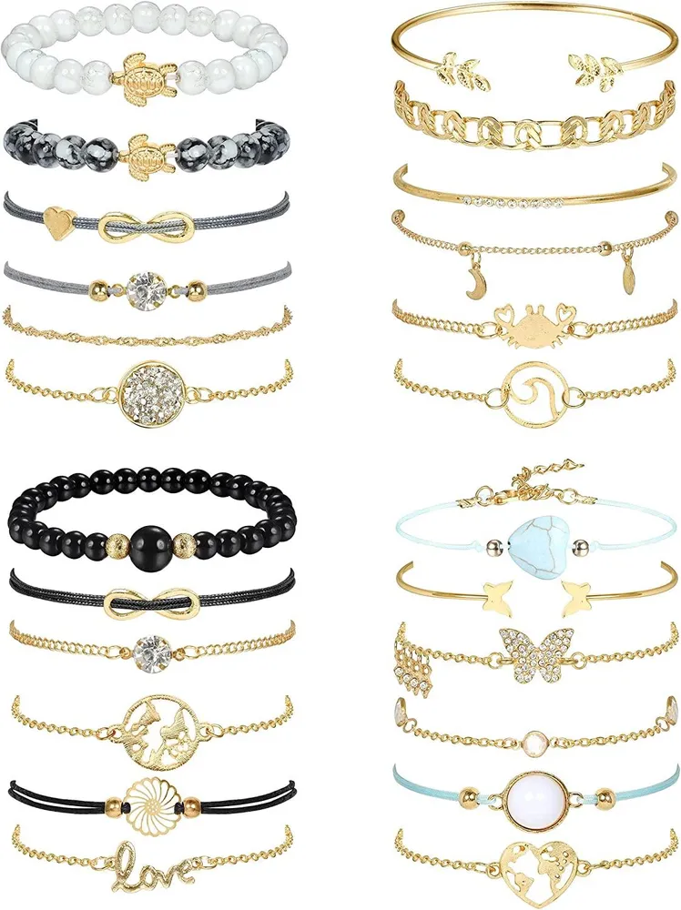 24pcs geschichtete stapelbare Armbänder für Frauen Gold Schmetterling Kristall Schildkröte Perlenmanschette Armband verschiedene Boho Armbänder Set verstellbar