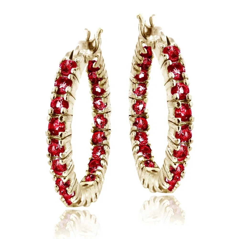 Goldton über Silber geschaffen Rot Ruby Inside Out Hoop Ohrringe