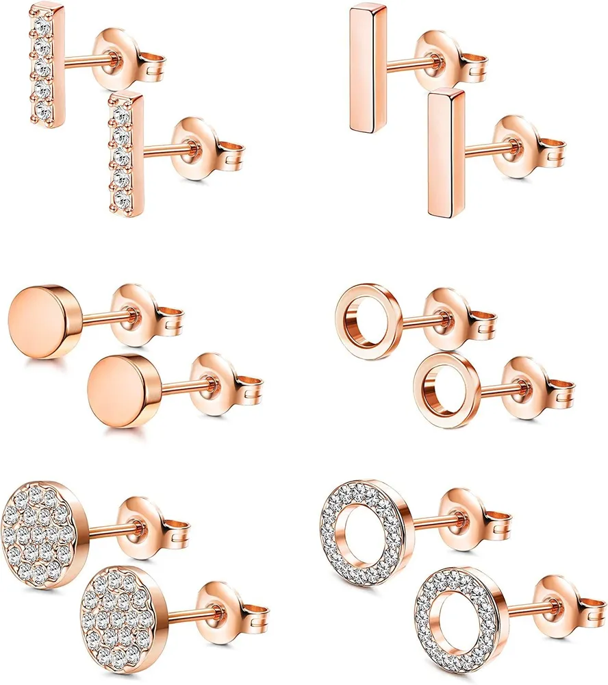 6 Paare Edelstahl-Kreis Bar Stud Ohrring für Frauen Mädchen Line Stick CZ geometrische Ohrring
