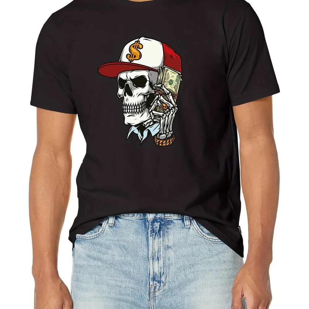 Skull And A Lot Of Money Printed T-Shirt, Herren-T - Shirt, Sommer-Casual - Kurzärme-T - Shirt
