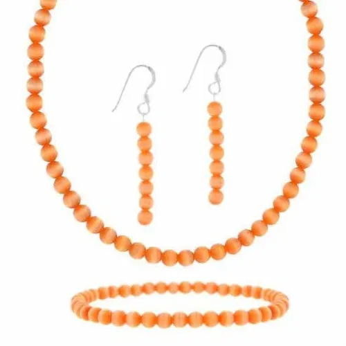 Sterling Silver Orange Cats Eye Bead Dangle Ohrringe, Stretch Armband & Halskette 15 - 19