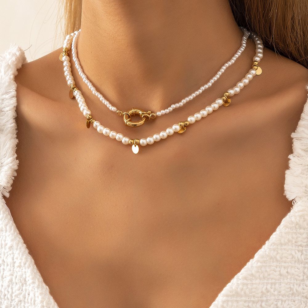 2pcs Mode Elegant Perle Geometrisch Round Sequined Tassel Beaded Halskette Set Für Frauen