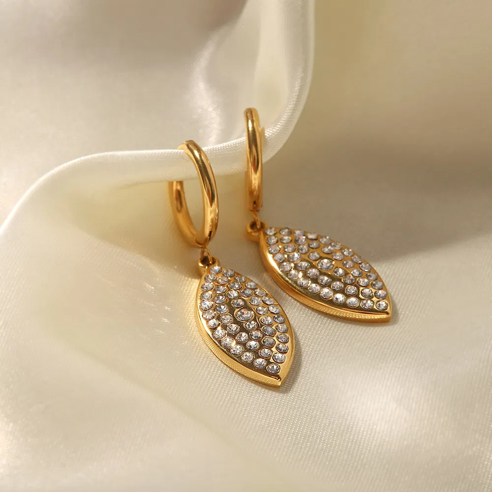 Edelstahl Damen Ohrringe Titan Stahl Diamant Blatt-förmigen Anhänger