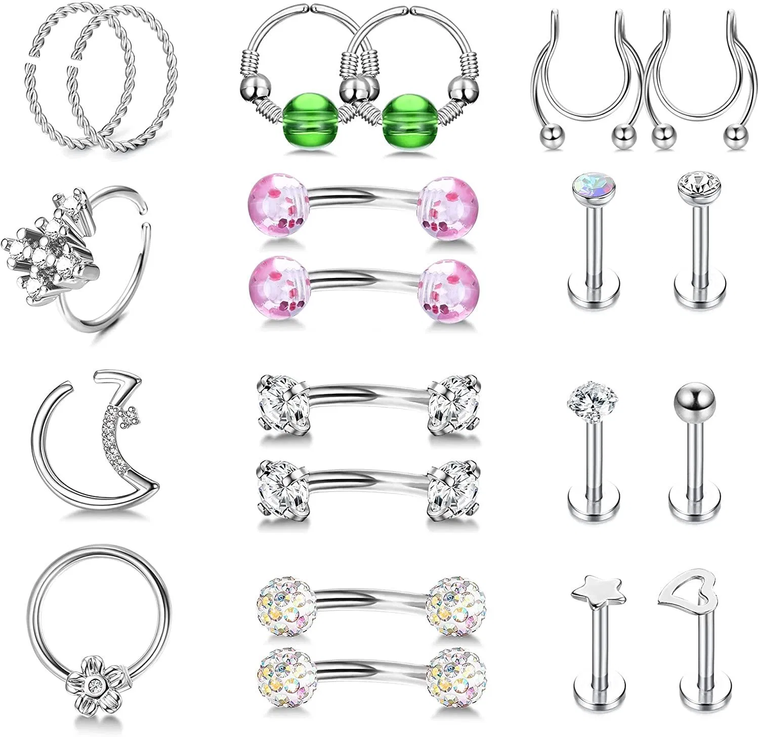 21Pcs Rook Daith Piercing 316L Edelstahl 20g Knorpel Tragus Ohrringe Schleife 16g gebogen Barbell Augenbrauen Ringe Labret Stud Nasen Septum Lippe Helix Piercing für Frauen