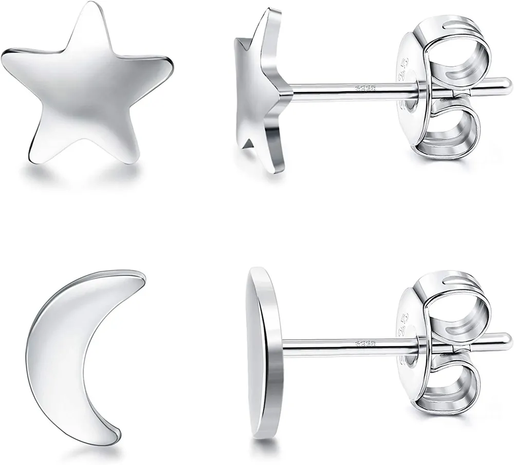 2 Paris 925 Sterling Silber Star Moon Stud Ohrringe für Frauen kleine Stud Ohrringe Set hypoallergen