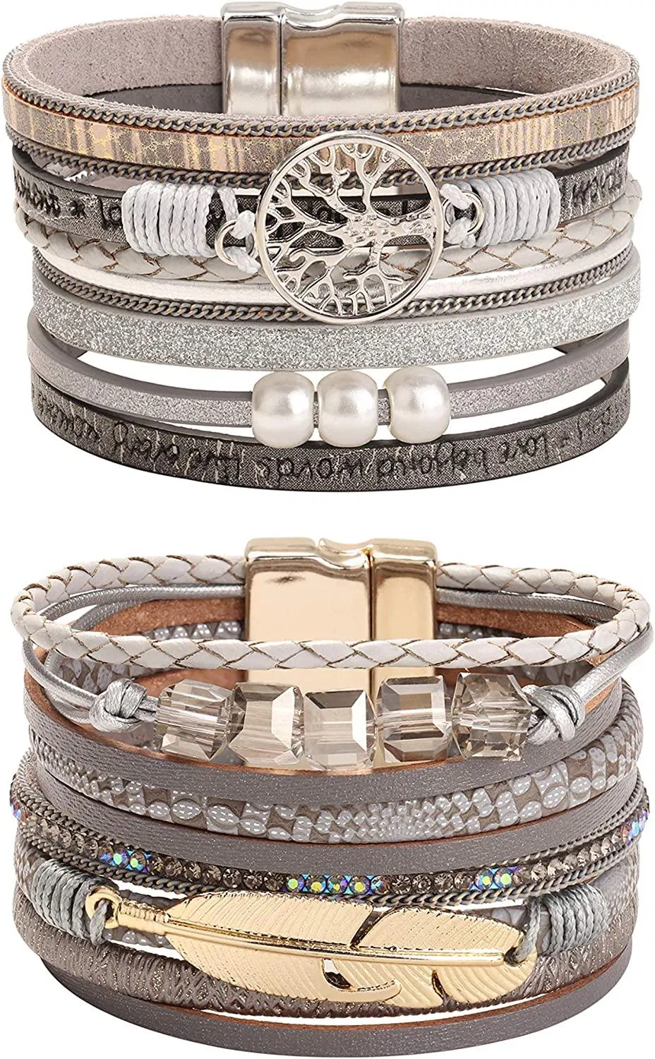 2pcs Bohemian Leder Manschetten Armband wunderschön für Frauen Mädchen Multilayer Baum des Lebens Wrap Armband Set Geschenk für Frau Freundin Mutter