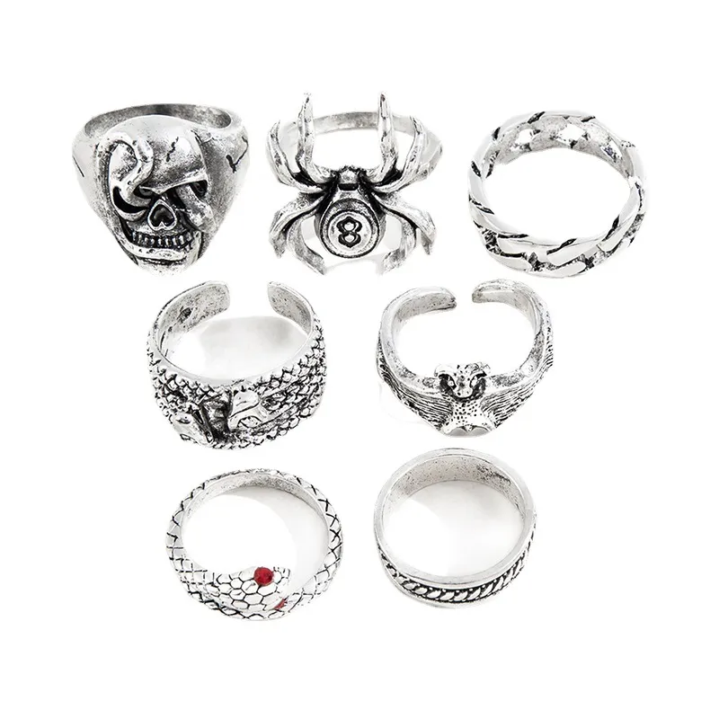 Personalisierte Vintage Spider Snake Bat Skull Doppelköpfige Schlange Ring Set von 7