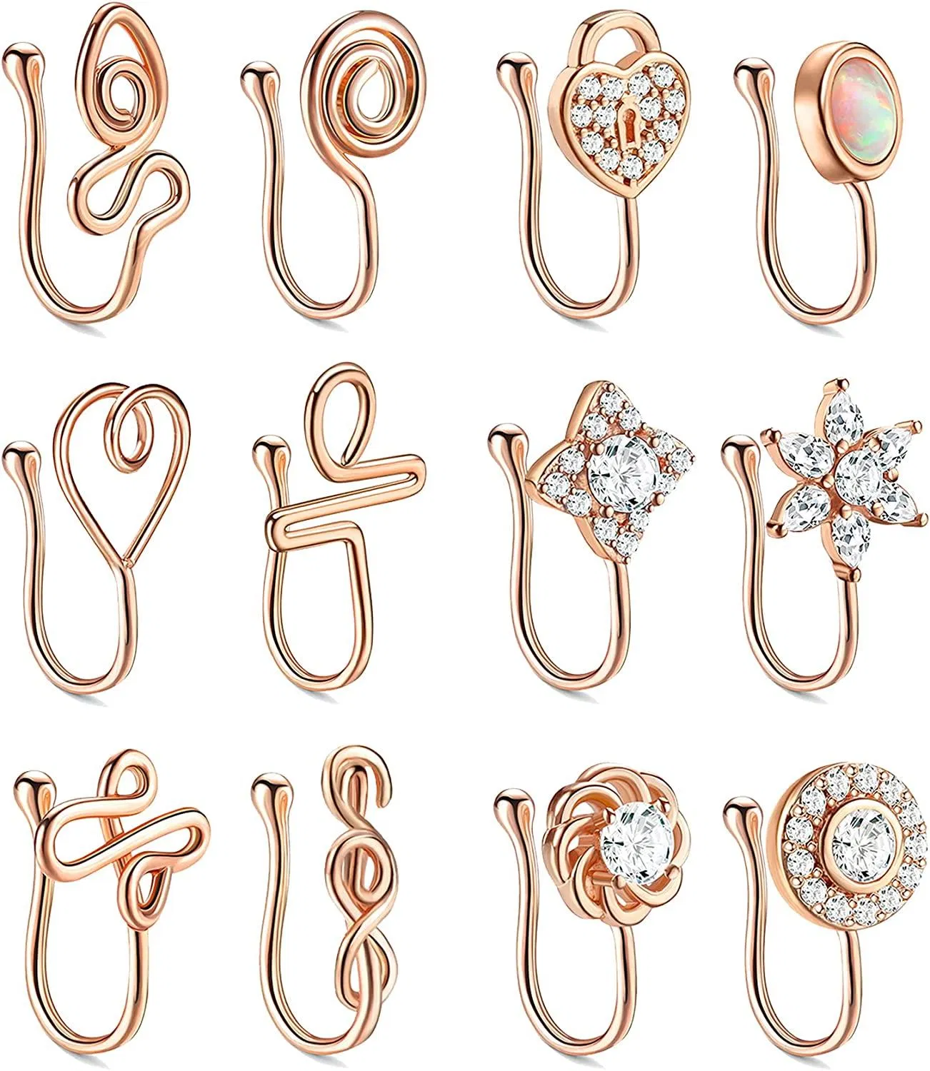 12Pcs Falsche Nasenringe für Frauen Nasenmanschette für nicht durchbohrte Faux Septum Nasen Piercing CZ Hoop Ringe Clip On Nose Cuff Set Faux Nasenringe