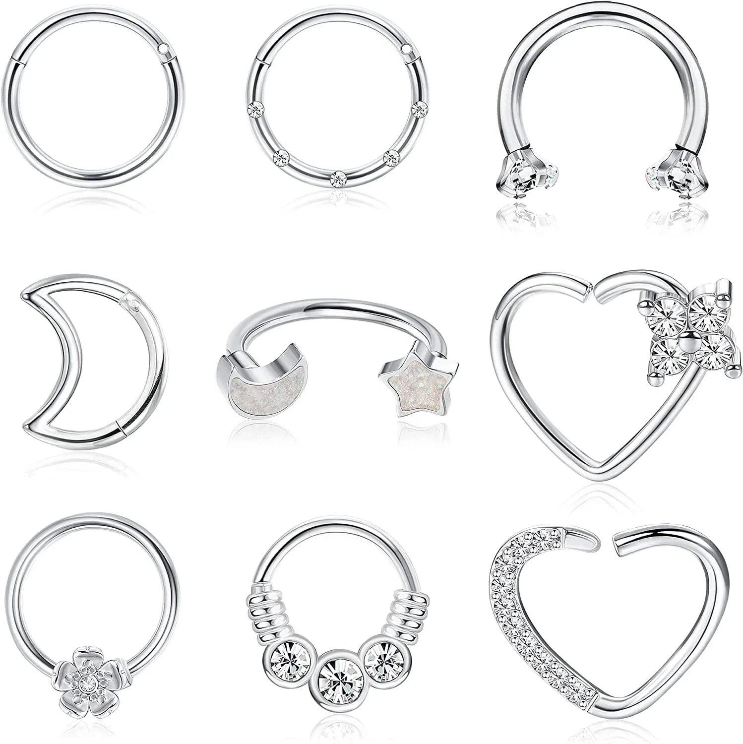 9PCS Daith Ohrringe Septum Clicker Ring für Frauen Edelstahl Nasen Hoop Ringe Herz Mond CZ Daith Piercing Tragus Hoop Conch Helix Knorpel Daith Piercing