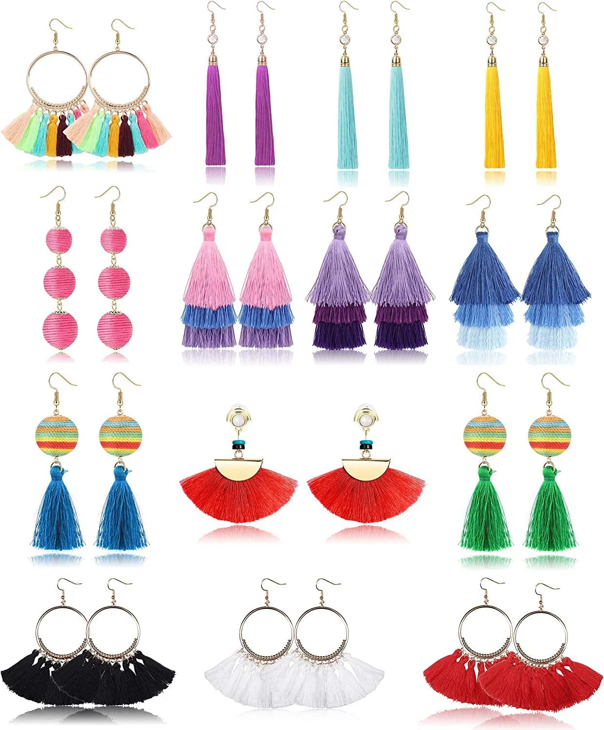 Tassel Ohrringe geschichtet bunte lange Thread Ball Dangle Drop Ohrringe Bohemian Tiered Fringe Ohrring Set Schmuck für Frauen Mädchen