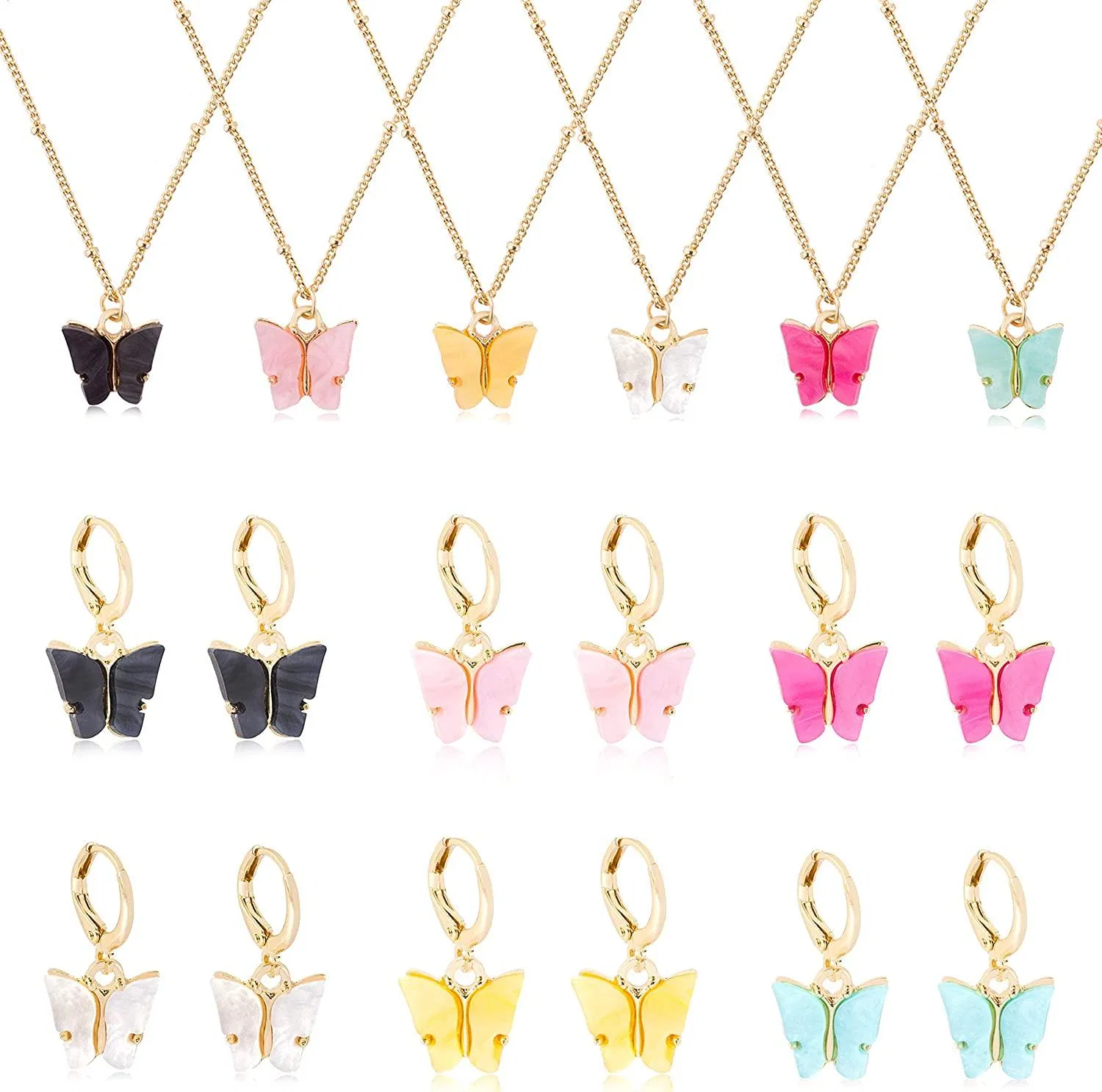 6 Paare Schmetterlings-Ohrringe 6 Stück Halskette-Set für Frauen farbenfrohe Acryl Drop-Ohrringe süße Anhänger-Kette - Set