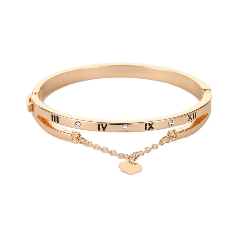 Römische Zahlen Akzente Armband mit Herz Anhänger und kleinen Diamanten Edelstahl Armbänder