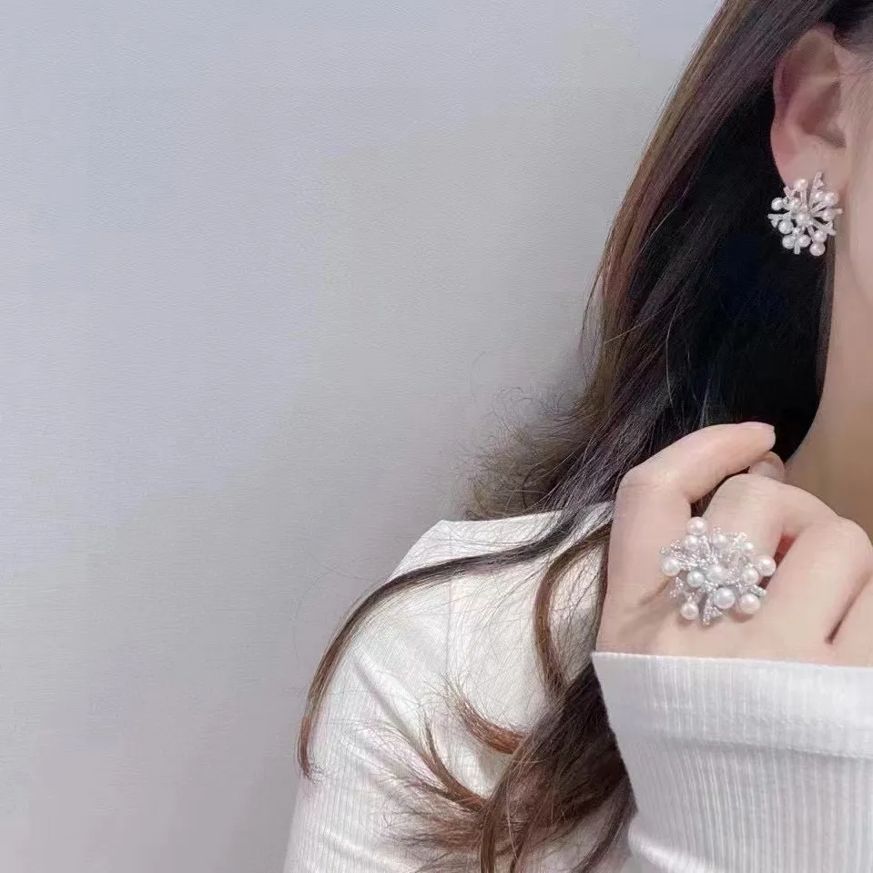 High Quality Pearl Stud Ohrringe Ring Schneeflocken Set