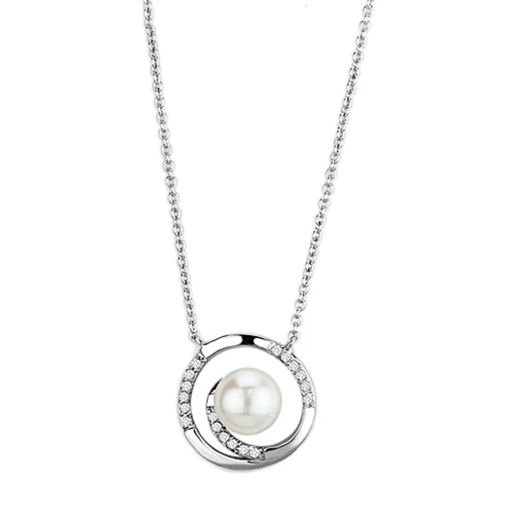 3W444 - Rhodium Brass Halskette mit synthetischer Perle in Weiß
