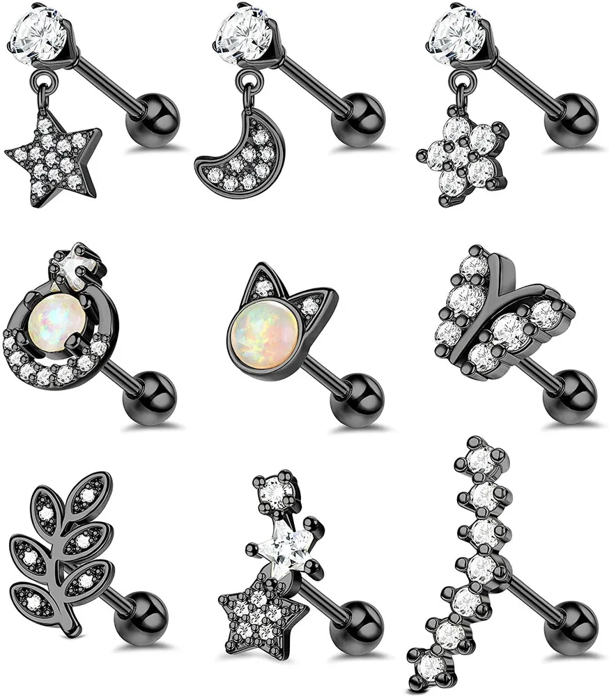 Knorpel Ohrringe für Frauen 16G 316L Edelstahl CZ Stern Mond Blume Dangle Knorpel Stud Ohrringe Katze Buterrfly Vorwärts Helix Muschel Tragus Ohr Piercing Schmuck