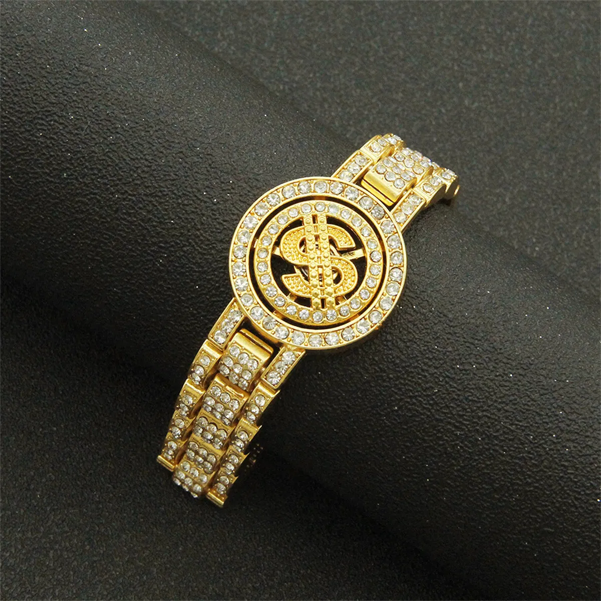 Gold / Silber Armband für Männer mit Dreh-Dollar - Zeichen Hip Hop Persönlichkeit Cool Full Diamond Punk Armband
