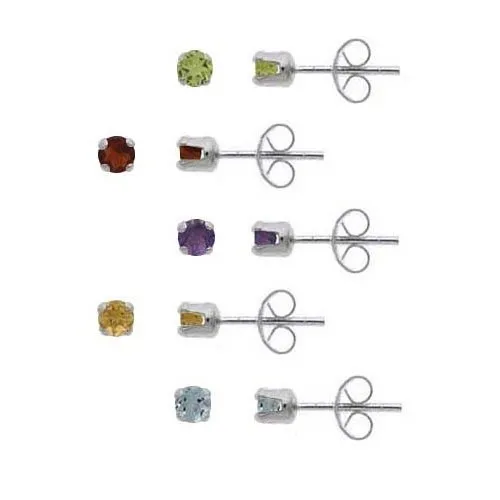 Sterling Silver Multi-Edelstein Round Stud Earrings Set, 3mm