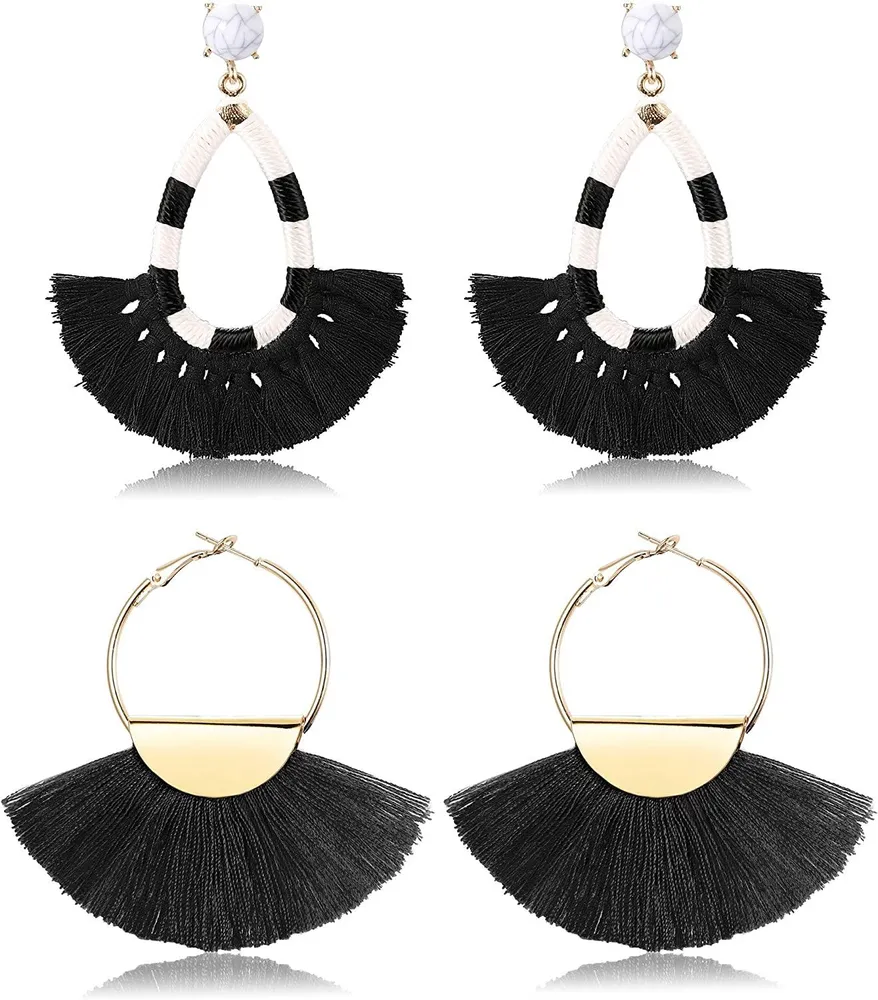 2 Paare Frauen Perlen-Tassel - Ohrringe Long Fringe Drop Bohemian Dangle Ohrringe