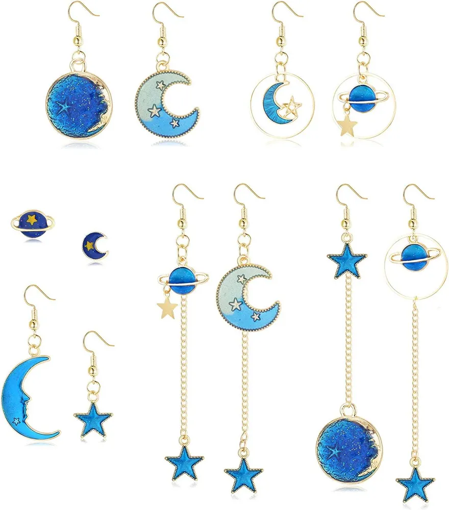 6 Paare Mond Stern Erde Planet Dangle Stud Ohrringe asymmetrische Drop Hook Ohrringe lange Anhänger Set für Frauen
