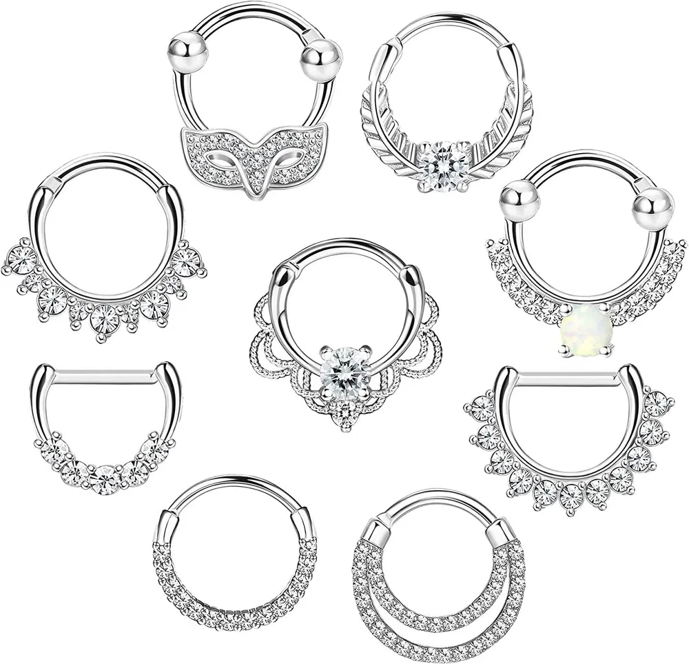 9pcs 16G Edelstahl Septum Piercing Ringe für Frauen Septum Clicker Hoop Ringe CZ Opal Hinge Segment Ring Knorpel Piercing Set 10MM