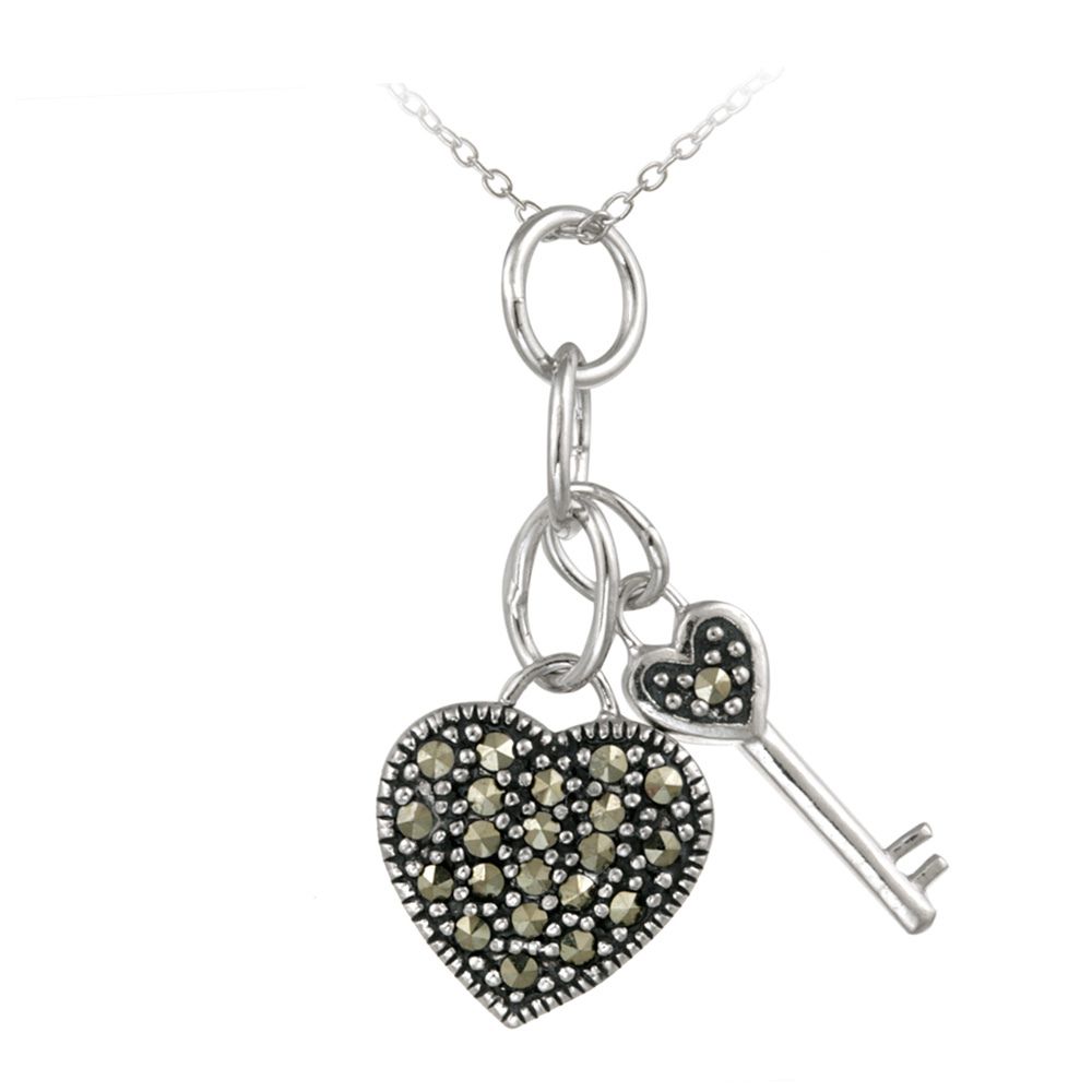Sterling Silber Marcasite Heart & Key Pendant