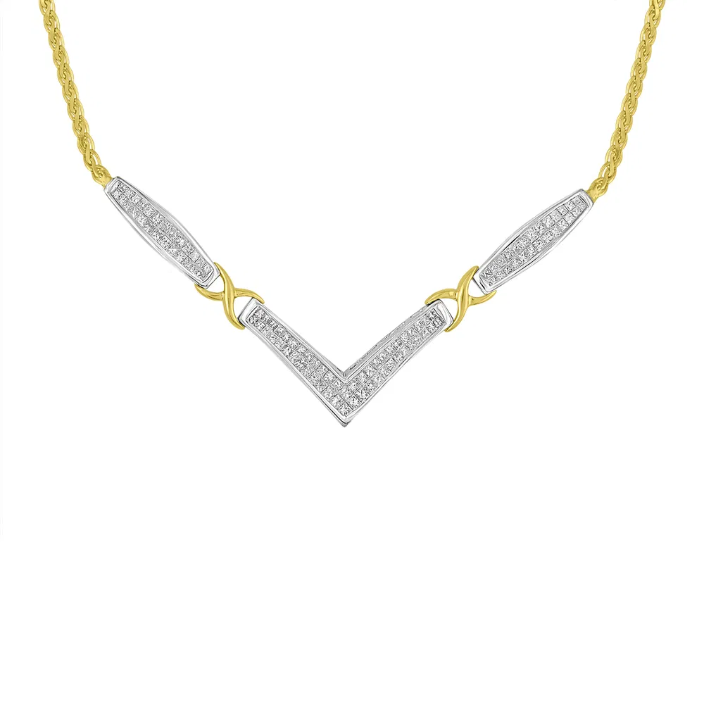 14 Karat Gelb und Weißgold 2.0 Cttw Princess Cut Diamond Flared and X-Station V Shaped 18 'Franco Chain Statement Kette (H-I Farbe, SI2 - I1 Klarheit)