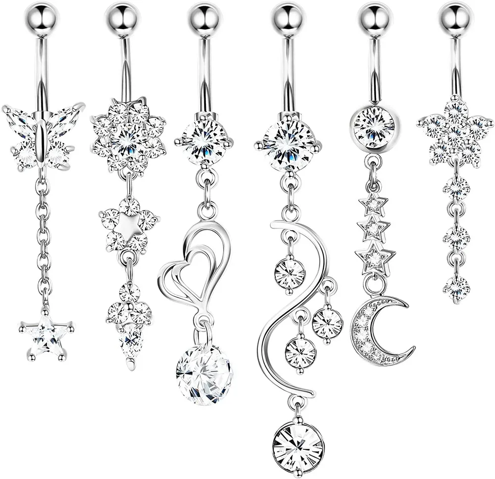 6pcs 14g Bauchknopfringe Dangle; Nabelringe Barbell CZ gepflastert; Chirurgische Stahlkörper Piercing Schmuck für Frauen