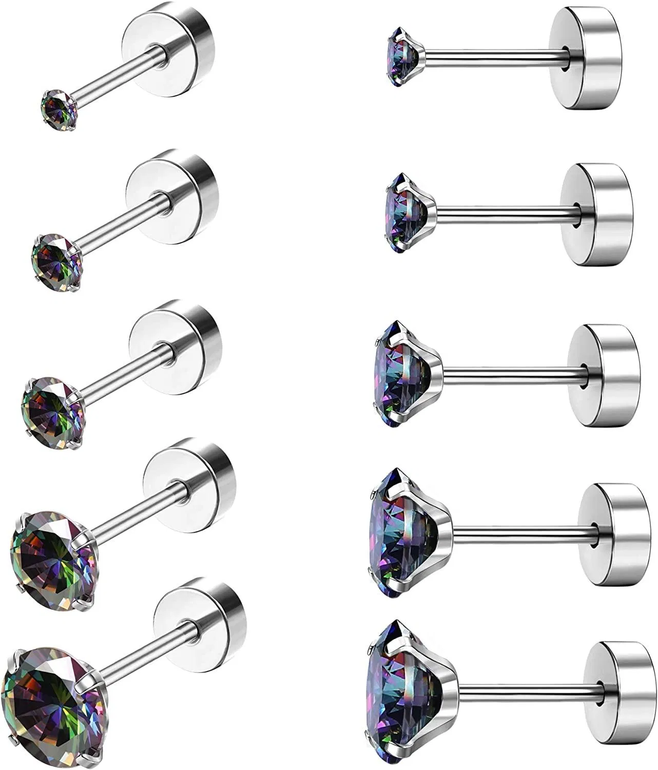 5Paare 18G Edelstahl CZ Stud Ohrringe für Frauen Männer Knorpel Helix Ohrringe Set Round Cubic Zirkonia Screwback Flat Back Stud Ohr Piercing