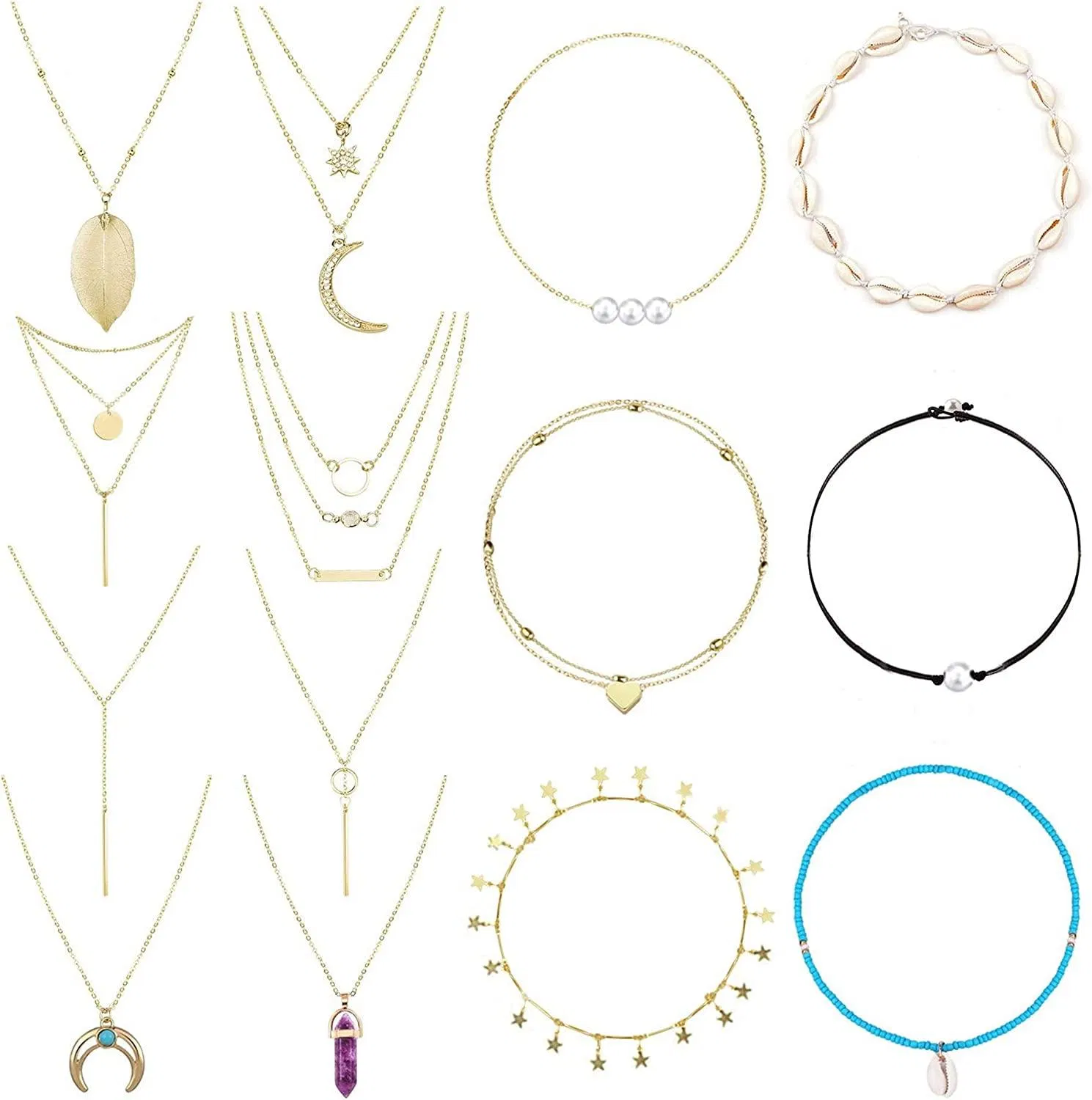 14 Pcs Bohemia Layered Kette Multilayer Clavicle Kette Herz Blatt Sonne Stern Mond Türkis Perlen Anhänger Samen Perlen Choker Gold Mode Geschenke für Frauen Mädchen