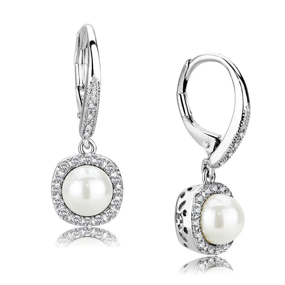 3W1479 - Rhodium-Messing - Ohrringe mit synthetischer Perle in Weiß